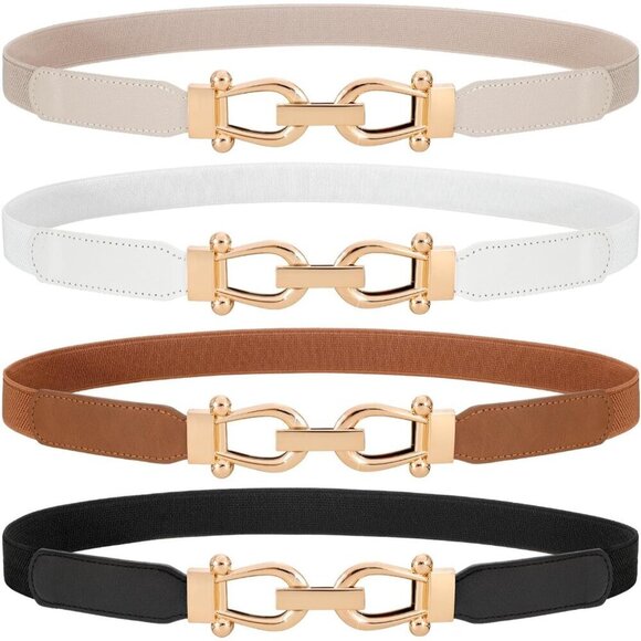 Women Skinny Elastic Waist Belt Set Gold Buckle for Jeans Dress Casual main image 4